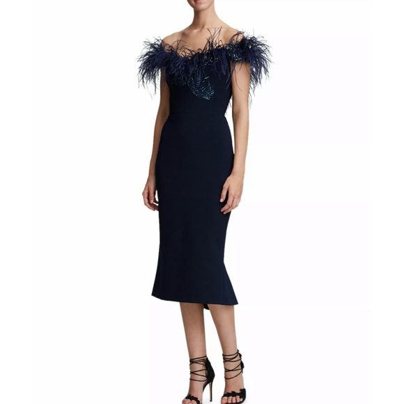 MARCHESA Navy Ostrich Feather Off Shoulder Dress 8 - Picture 11 of 12